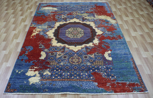 6x9 Ft Modern Erased Mamluk Area Rug, Blue Red Turkish Hand Knotted Fine Quality Wool Transitional Carpet, Rugs For Living Room, Bedroom Rug