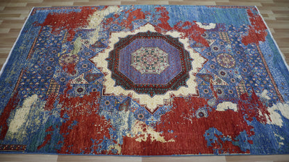 6x9 Ft Modern Erased Mamluk Area Rug, Blue Red Turkish Hand Knotted Fine Quality Wool Transitional Carpet, Rugs For Living Room, Bedroom Rug