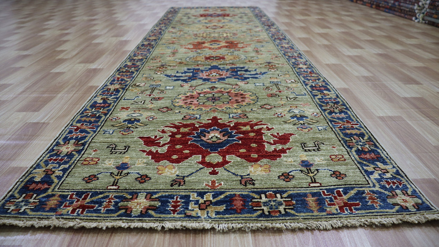 10 Ft Harshang Bidjar Runner Rug, Light Green Persian Hand Knotted Wool Traditional Carpet, Rugs For Entryway, Foyer Rug, Kitchen Rug