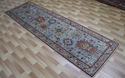 10 ft Tribal Runner Rug, Blue Afghan Hand Knotted Wool Traditional Carpet, Hallway Rug, Foyer Rug, Entryway Rug, Kitchen Rug, Office Rug