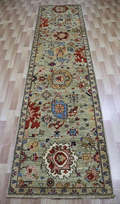 12 ft Persian Bidjar Runner Rug, Sage Green Hand Knotted Wool Traditional Carpet, Rugs For Entryway, Hallway Rug, Foyer Rug, Kitchen Rug