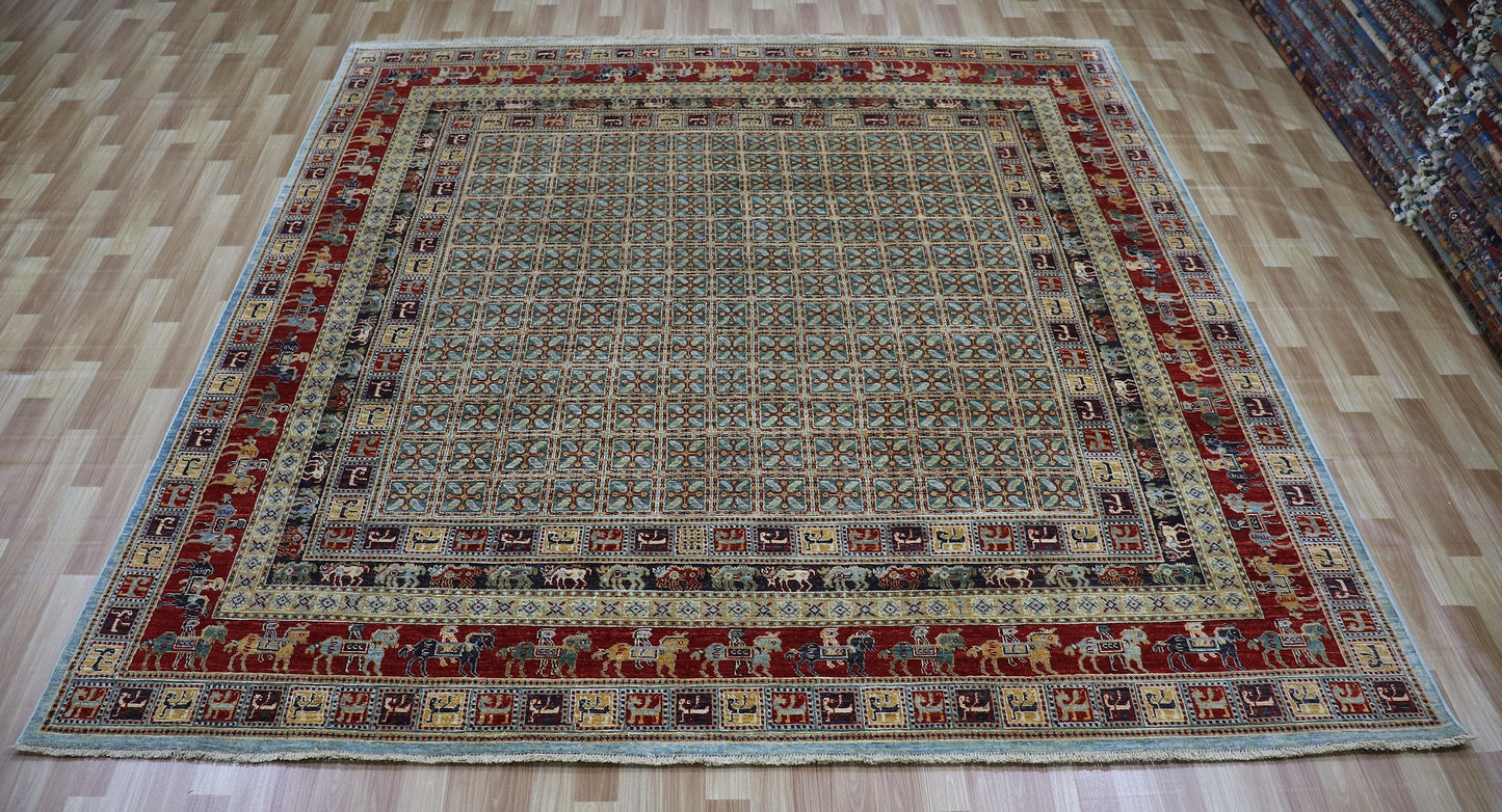 9x9 Ft Pazyryk Square Area Rug, Afghan Hand Knotted Wool Traditional Carpet, Rugs For Living Room, Bedroom Rug, Dining Table Rug, Animal Rug