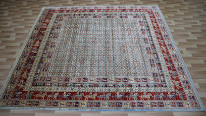 9x9 Ft Pazyryk Square Area Rug, Afghan Hand Knotted Wool Traditional Carpet, Rugs For Living Room, Bedroom Rug, Dining Table Rug, Animal Rug