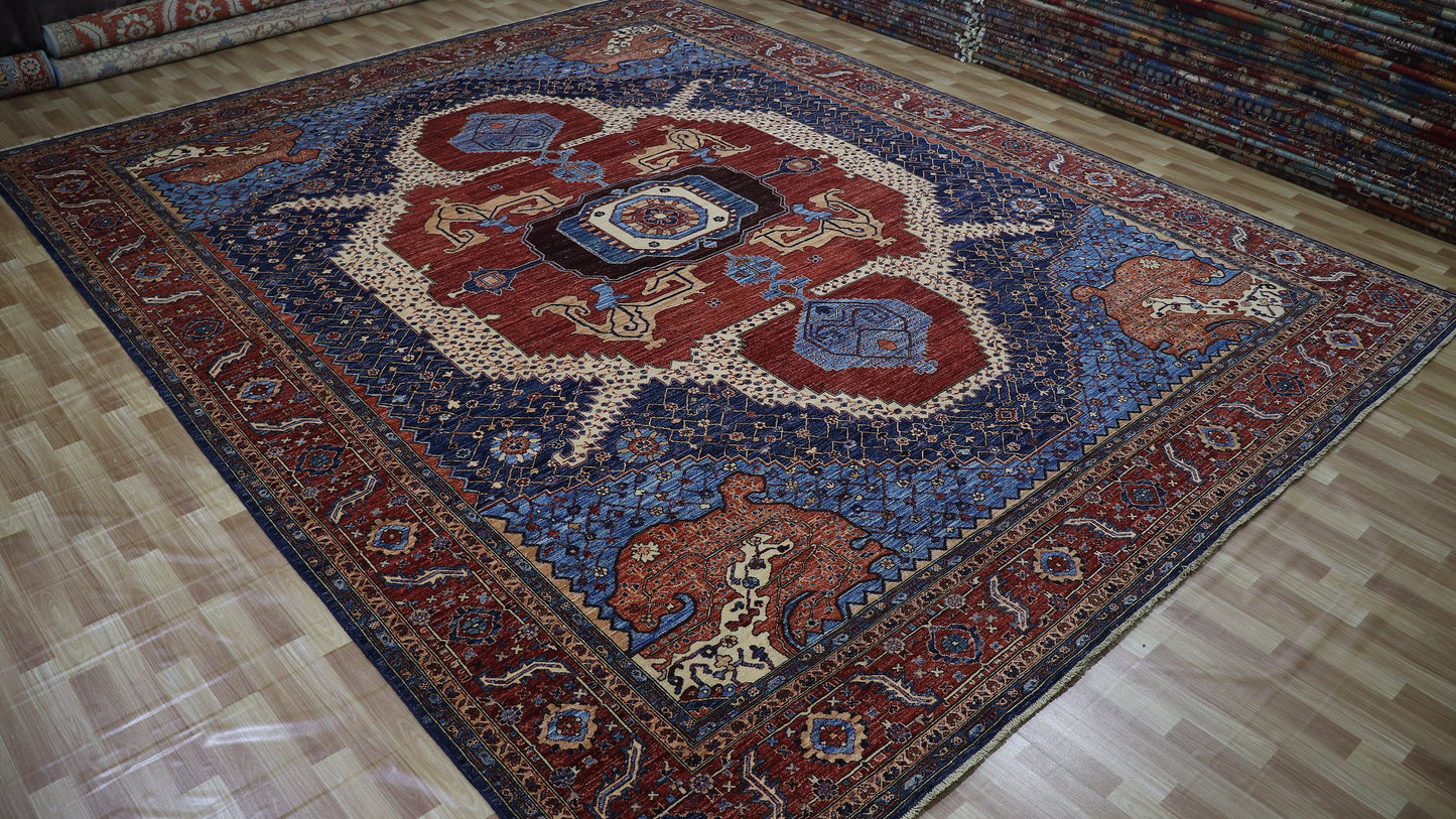 12x15 Ft Heriz Large Area Rug, Blue Red Persian Style Hand Knotted Wool Medallion Carpet, Rug For Living Room, Bedroom Rug, Dining Table Rug