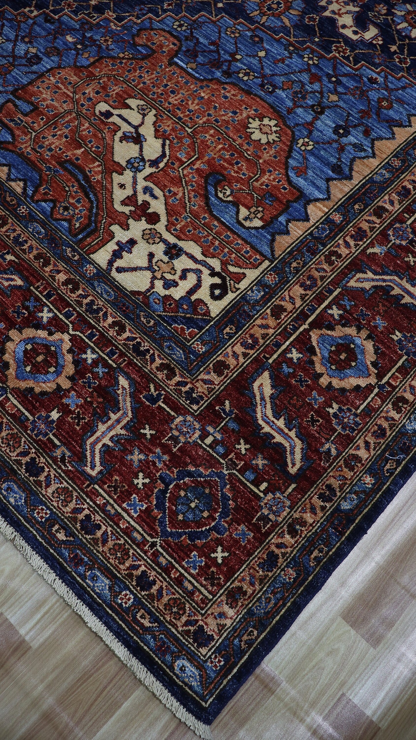 12x15 Ft Heriz Large Area Rug, Blue Red Persian Style Hand Knotted Wool Medallion Carpet, Rug For Living Room, Bedroom Rug, Dining Table Rug