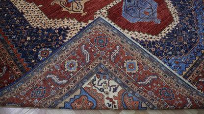 12x15 Ft Heriz Large Area Rug, Blue Red Persian Style Hand Knotted Wool Medallion Carpet, Rug For Living Room, Bedroom Rug, Dining Table Rug