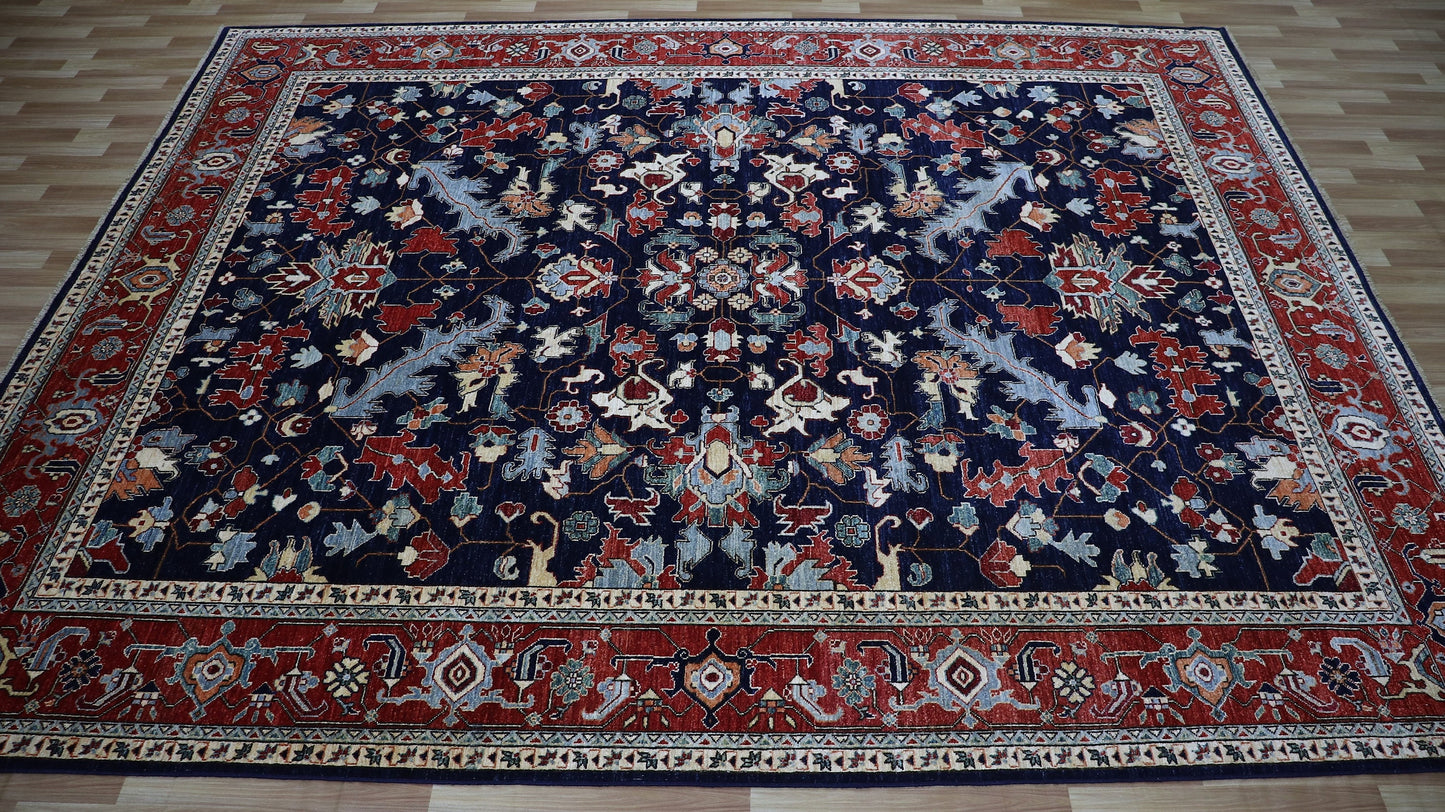 9x12 Ft Serapi Area Rug, Blue Afghan Hand Knotted Wool Traditional Carpet, Rugs For Living Room, Bedroom Rug, Dining Table Rug, Floral Rug