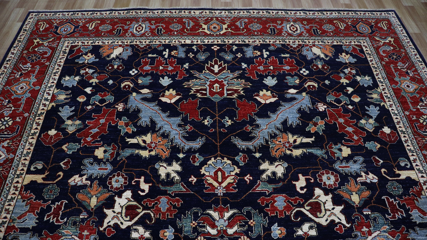 9x12 Ft Serapi Area Rug, Blue Afghan Hand Knotted Wool Traditional Carpet, Rugs For Living Room, Bedroom Rug, Dining Table Rug, Floral Rug