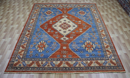 8x10 Ft Tribal Area Rug, Blue/Rust Red Afghan Hand Knotted Wool Traditional Carpet, Rugs For Living Room, Bedroom Rug, Dining Table Rug