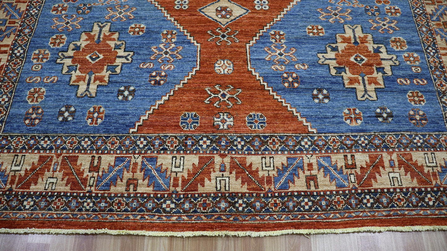 8x10 Ft Tribal Area Rug, Blue/Rust Red Afghan Hand Knotted Wool Traditional Carpet, Rugs For Living Room, Bedroom Rug, Dining Table Rug