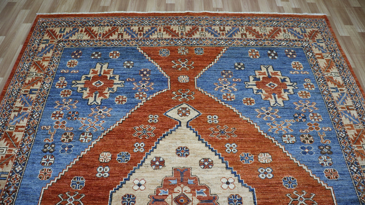 8x10 Ft Tribal Area Rug, Blue/Rust Red Afghan Hand Knotted Wool Traditional Carpet, Rugs For Living Room, Bedroom Rug, Dining Table Rug