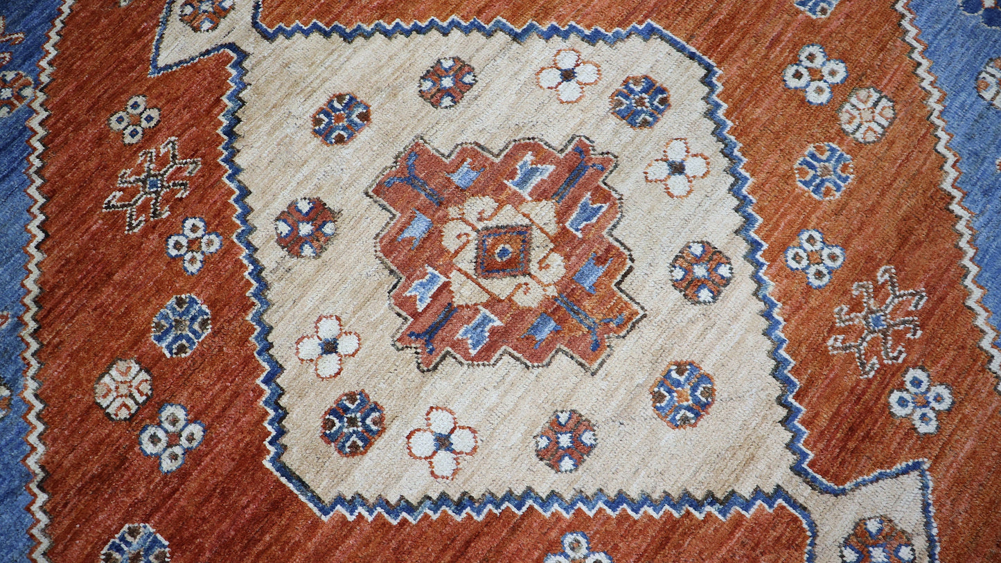 8x10 Ft Tribal Area Rug, Blue/Rust Red Afghan Hand Knotted Wool Traditional Carpet, Rugs For Living Room, Bedroom Rug, Dining Table Rug