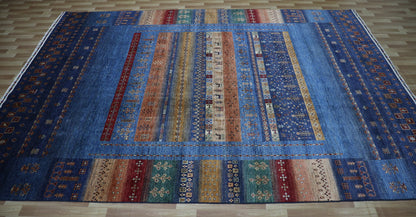 9x12 ft Gabbeh Area Rug, Blue Persian Tribal Hand Knotted Wool Traditional Carpet, Rugs For Living Room, Bedroom Rug, Dining Table Rug