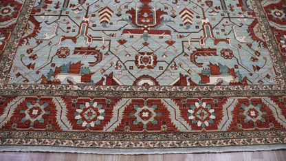 9x12 Ft Oriental Area Rug, Light Blue/Rust Red Afghan Hand Knotted Wool Traditional Carpet, Rugs For Living Room, Bedroom Rug, Large Rug