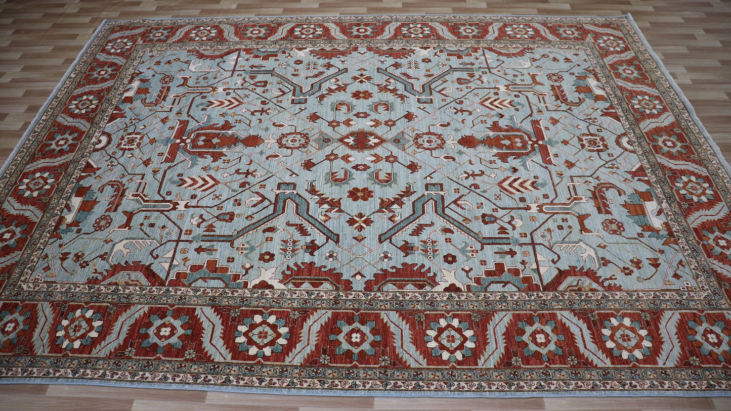 9x12 Ft Oriental Area Rug, Light Blue/Rust Red Afghan Hand Knotted Wool Traditional Carpet, Rugs For Living Room, Bedroom Rug, Large Rug