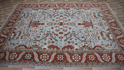 9x12 Ft Oriental Area Rug, Light Blue/Rust Red Afghan Hand Knotted Wool Traditional Carpet, Rugs For Living Room, Bedroom Rug, Large Rug