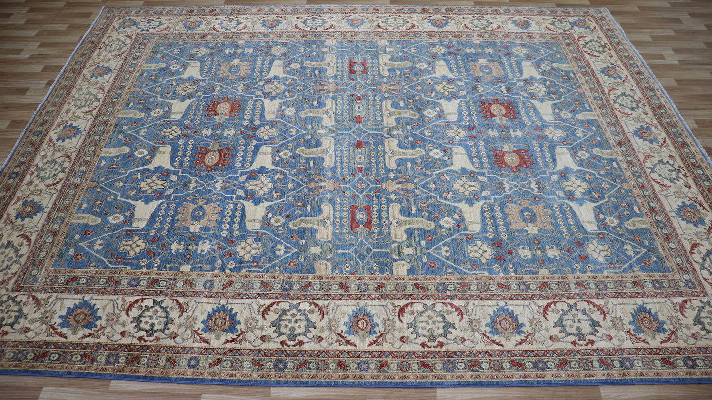 9x12 Ft Bidjar Persian Style Area Rug, Blue Beige Hand Knotted Wool Traditional Carpet, Rugs For Living Room, Bedroom Rug, Dining Table Rug,