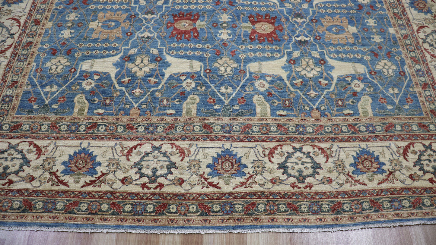 9x12 Ft Bidjar Persian Style Area Rug, Blue Beige Hand Knotted Wool Traditional Carpet, Rugs For Living Room, Bedroom Rug, Dining Table Rug,