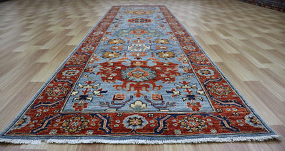 10 ft Persian Style Harshang Runner Rug, Blue Hand Knotted Wool Traditional Carpet, Rug for hallway, Entryway Rug, Kitchen Rug, Foyer Rug