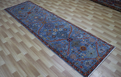 10 ft Persian Style Oriental Runner Rug, Blue Hand Knotted Wool Traditional Carpet, Rugs For Entryway, Foyer Rug, Hallway Rug, Kitchen Rug