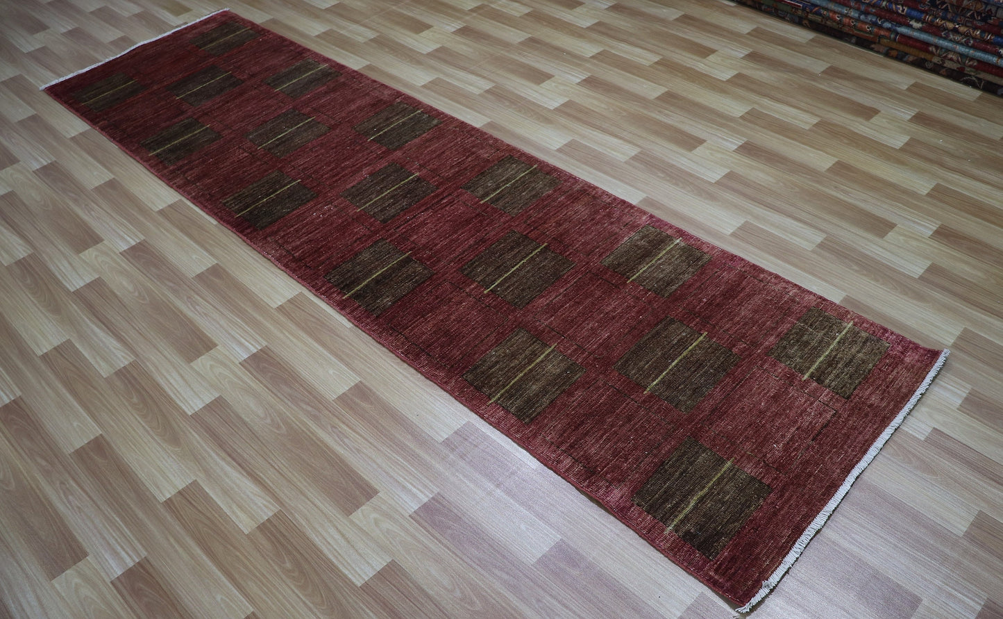 9 ft Red Afghan Runner Rug, Tribal Hand Knotted Wool Traditional Runner, Rugs For Hallway, Entryway Rug, Foyer Rug, Kitchen Rug, Office Rug