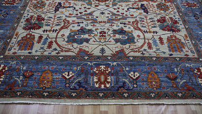 12x15 ft Persian Style Bidjar Area Rug, Beige Blue Hand Knotted Wool Traditional Carpet, Rugs For Living Room, Bedroom Rug, Dining Table Rug