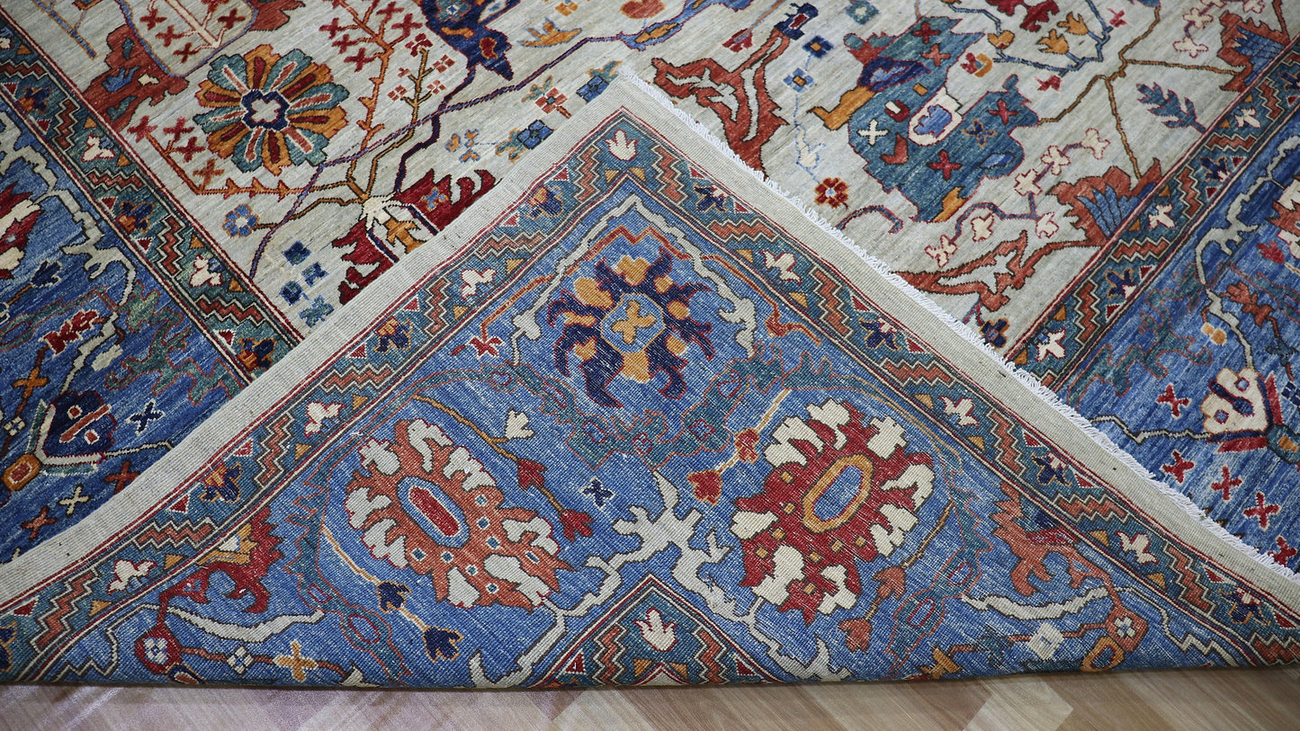 12x15 ft Persian Style Bidjar Area Rug, Beige Blue Hand Knotted Wool Traditional Carpet, Rugs For Living Room, Bedroom Rug, Dining Table Rug