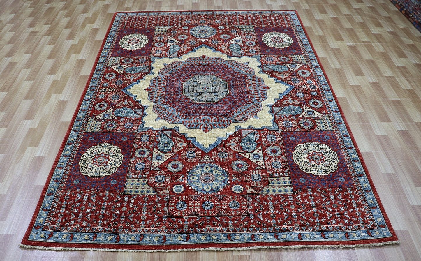 6x9 ft Turkish Mamluk Area Rug, Red Medallion Hand Knotted Wool Traditional Carpet, Rugs For Living Room, Bedroom Rug, Dining Table Rug,