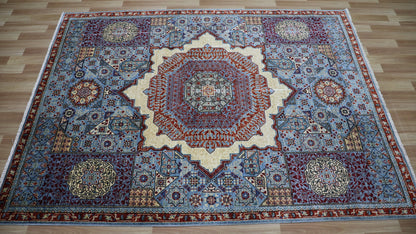 5x7 Ft Traditional Mamluk Area Rug, Blue Afghan Hand Knotted Wool Medallion Carpet, Rugs For Living Room, Bedroom Rug, Dining Table Rug