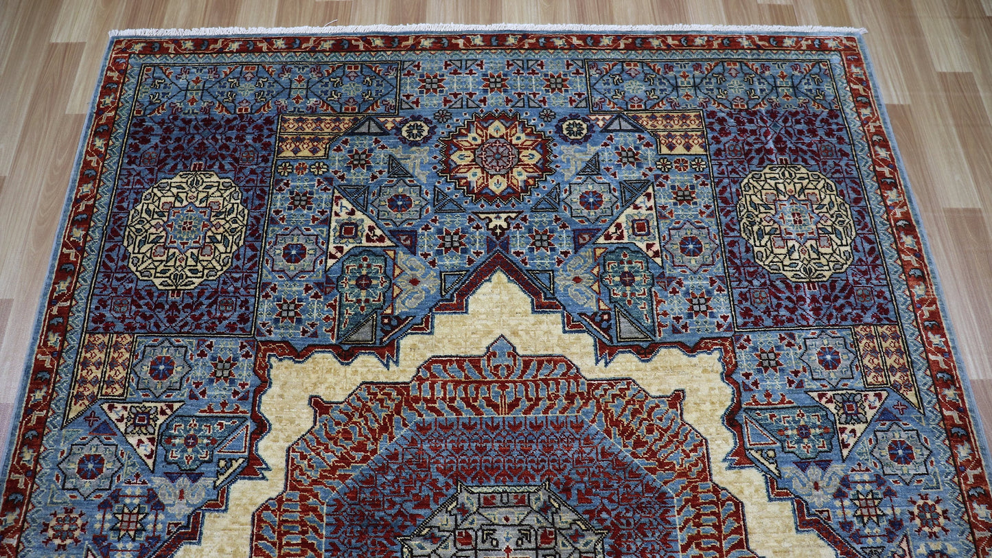 5x7 Ft Traditional Mamluk Area Rug, Blue Afghan Hand Knotted Wool Medallion Carpet, Rugs For Living Room, Bedroom Rug, Dining Table Rug