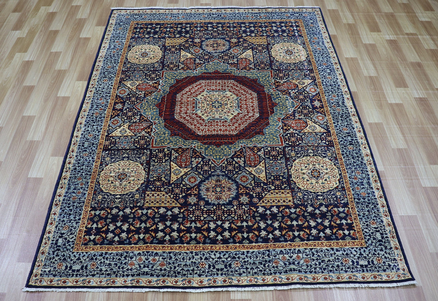 5x7 Ft Turkish Mamluk Area Rug, Blue Medallion Hand Knotted Wool Traditional Carpet, Rugs For Living Room, Bedroom Rug, Dining Table Rug