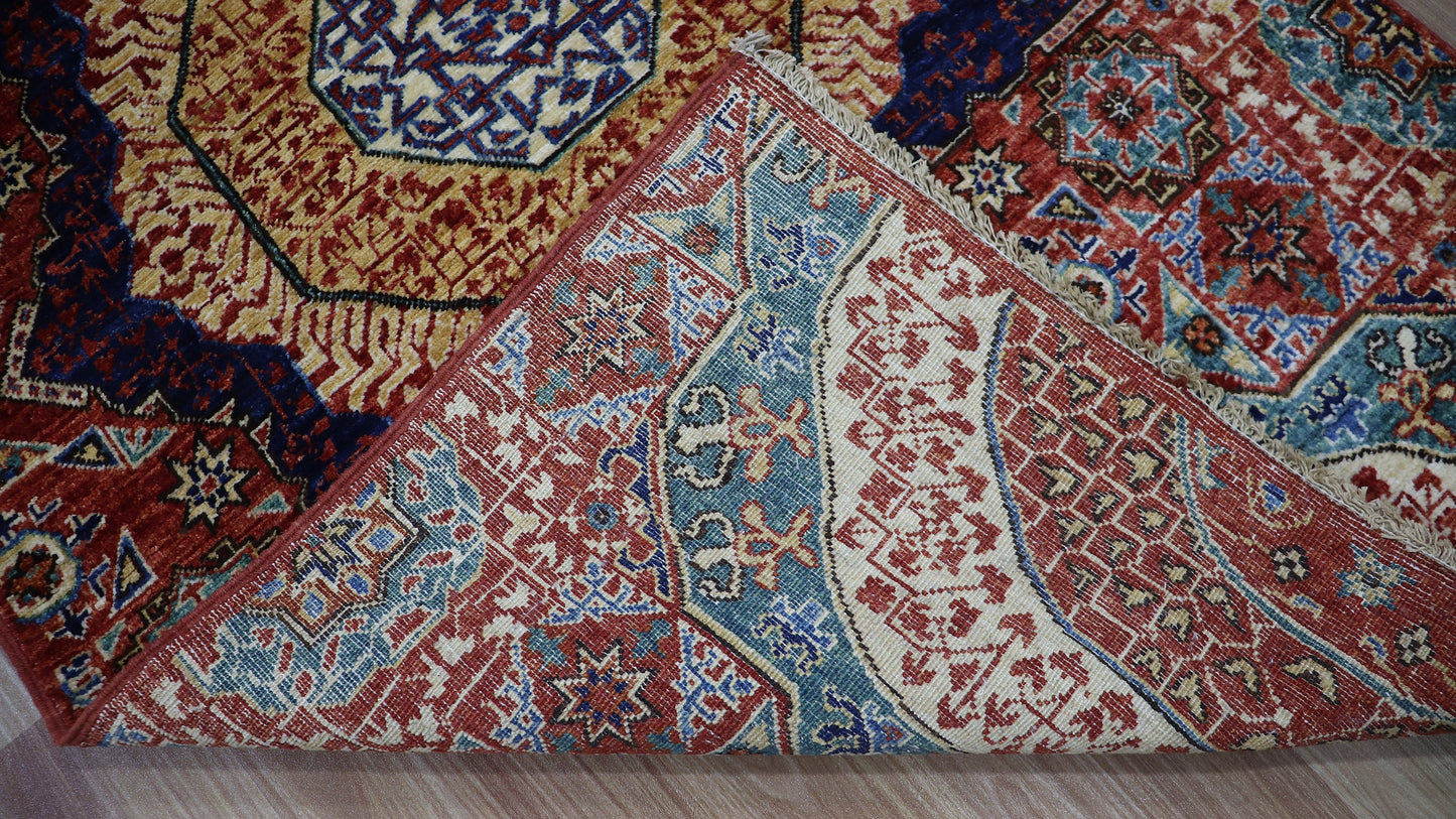 10 Ft Turkish Mamluk Runner Rug, Red Afghan Hand Knotted Wool Traditional Carpet, Rugs For Entryway, Hallway Rug, Kitchen Rug, Medallion Rug