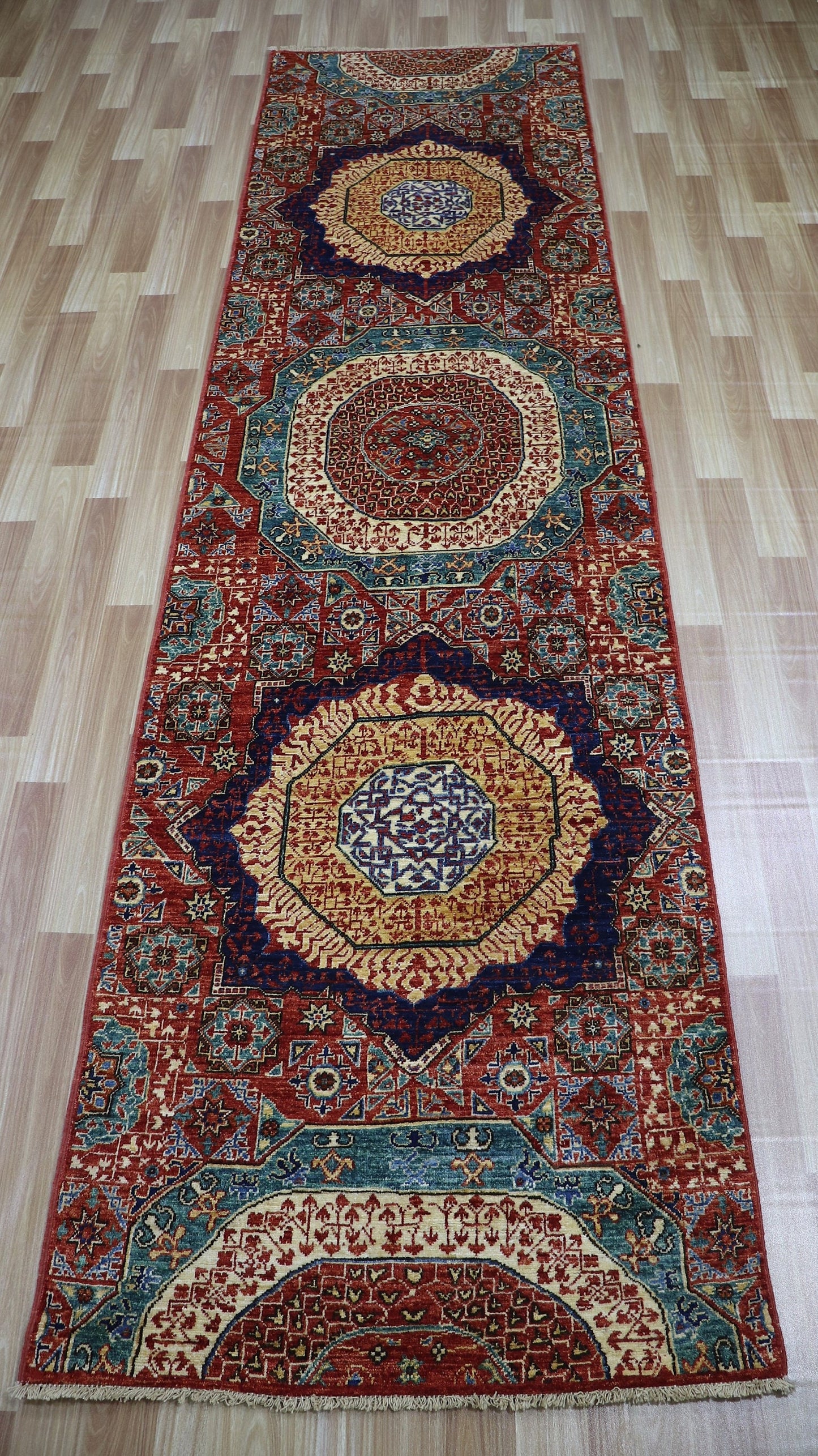 10 Ft Turkish Mamluk Runner Rug, Red Afghan Hand Knotted Wool Traditional Carpet, Rugs For Entryway, Hallway Rug, Kitchen Rug, Medallion Rug