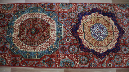 10 Ft Turkish Mamluk Runner Rug, Red Afghan Hand Knotted Wool Traditional Carpet, Rugs For Entryway, Hallway Rug, Kitchen Rug, Medallion Rug