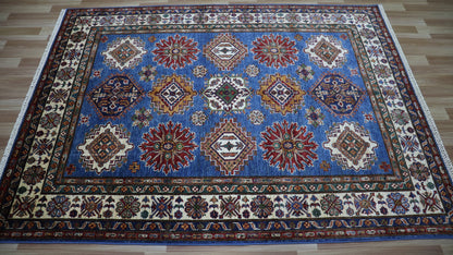 5x7 ft Oriental Area Rug, Blue Afghan Hand Knotted Wool Traditional Carpet, Rugs For Living Room, Bedroom Rug, Dining Table Rug, Kitchen Rug