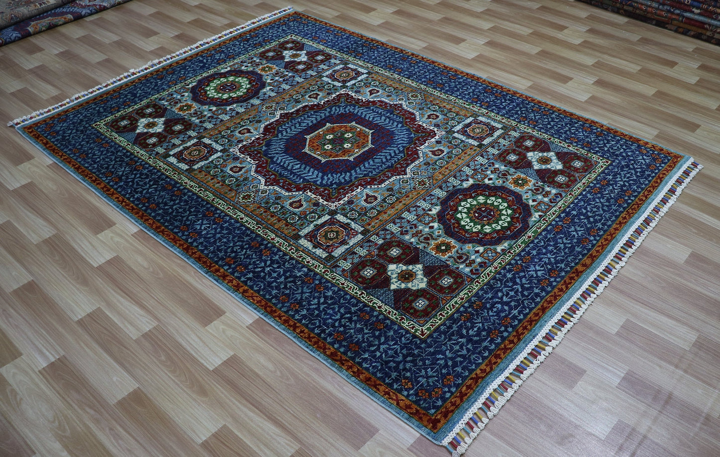 5x7 ft Turkish Mamluk Area Rug, Blue Hand Knotted Wool Traditional Carpet, Rug For Living Room, Bedroom Rug, Dining Table Rug, Medallion Rug