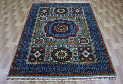 5x7 ft Turkish Mamluk Area Rug, Blue Hand Knotted Wool Traditional Carpet, Rug For Living Room, Bedroom Rug, Dining Table Rug, Medallion Rug