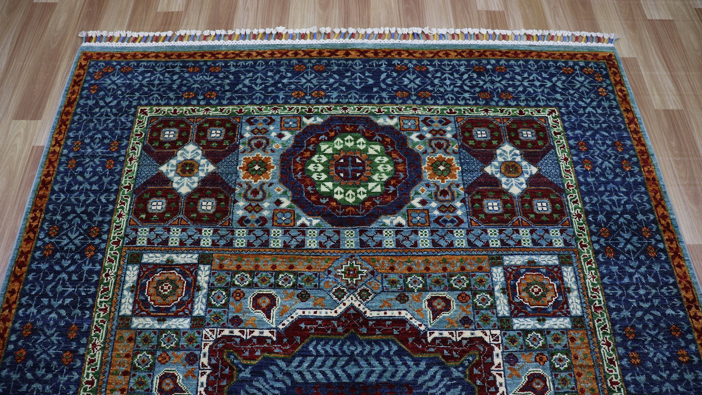 5x7 ft Turkish Mamluk Area Rug, Blue Hand Knotted Wool Traditional Carpet, Rug For Living Room, Bedroom Rug, Dining Table Rug, Medallion Rug