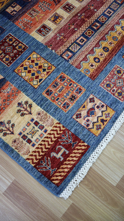 5x6 ft Gabbeh Tribal Area Rug, Blue Afghan Hand Knotted Wool Traditional Carpet, Living Room Rug, Bedroom Rug, Kitchen Rug, Handmade Gift