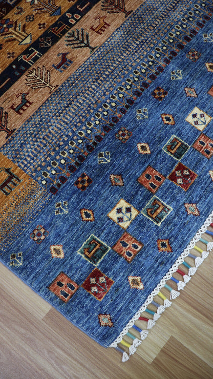 5x7 ft Gabbeh Tribal Area Rug, Blue Afghan Hand Knotted Wool Traditional Carpet, Living Room Rug, Bedroom Rug, Kitchen Rug, Handmade Gift