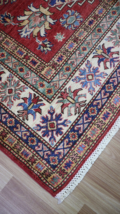 5x7 Ft Kazak Area Rug, Red Afghan Hand Knotted Wool Traditional Carpet, Rugs For Living Room, Bedroom Rug, Kitchen Rug, Oriental Boho Rug