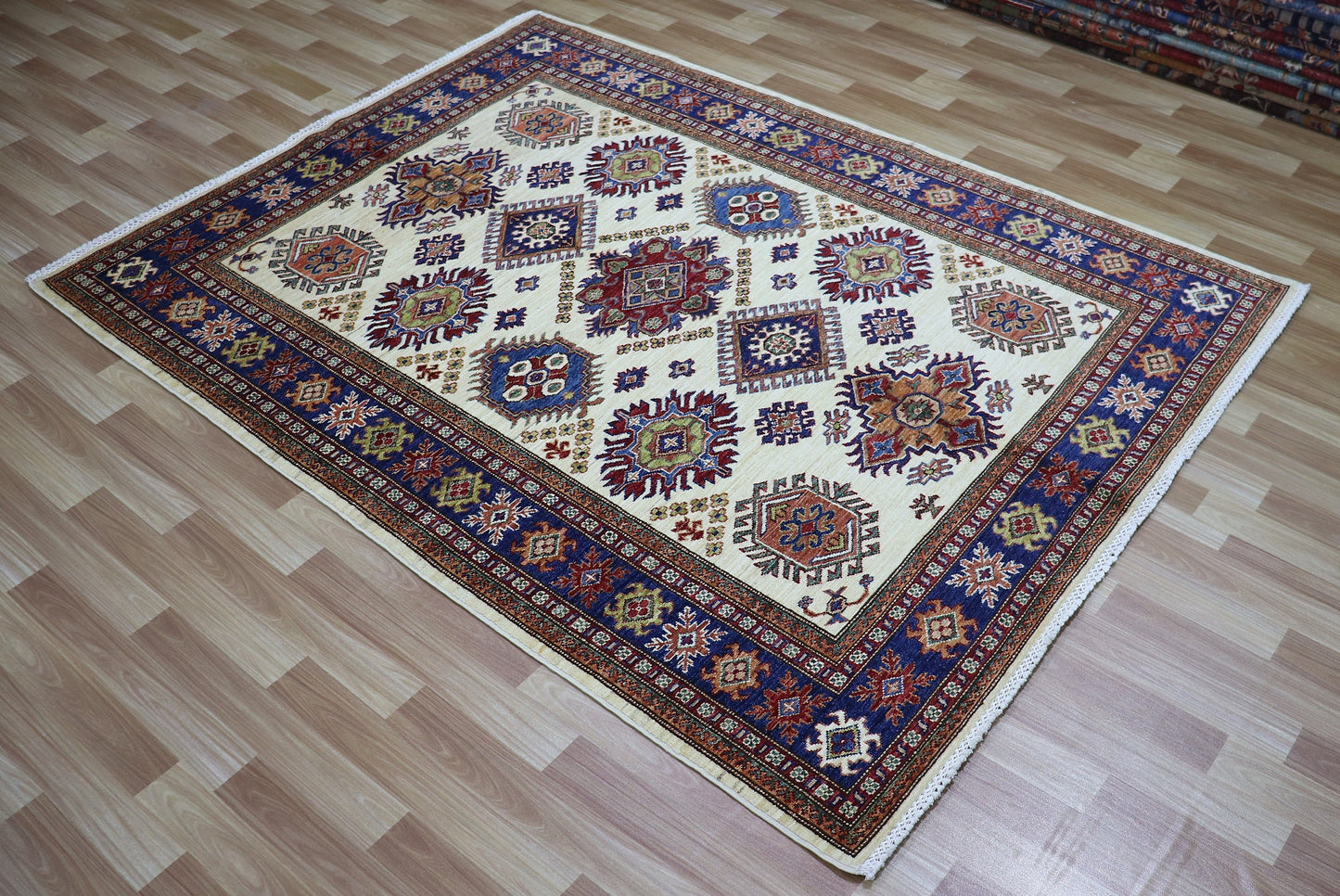 5x7 ft Oriental Kazak Area Rug, Beige Afghan Hand Knotted Wool Traditional Area Carpet, Rugs For Living Room, Bedroom Rug, Dining Table Rug