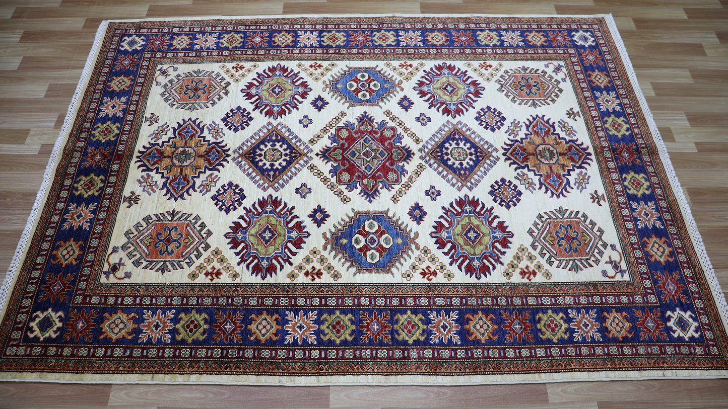 5x7 ft Oriental Kazak Area Rug, Beige Afghan Hand Knotted Wool Traditional Area Carpet, Rugs For Living Room, Bedroom Rug, Dining Table Rug