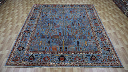 8x10 Ft Tree Tribal Area Rug, Blue Floral Afghan Hand Knotted Wool Traditional Carpet, Rugs For Living Room, Bedroom Rug, Dining Table Rug