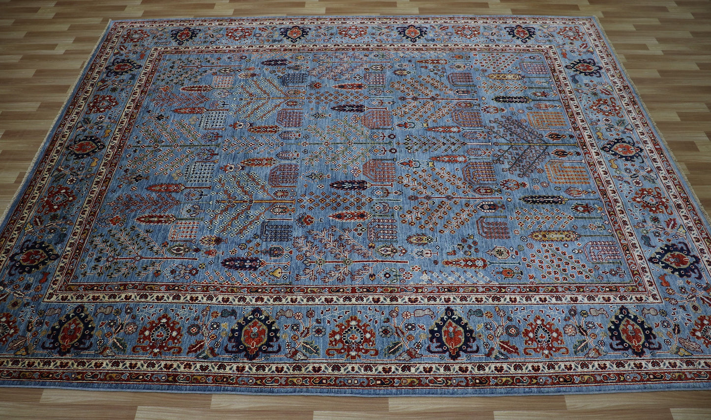 8x10 Ft Tree Tribal Area Rug, Blue Floral Afghan Hand Knotted Wool Traditional Carpet, Rugs For Living Room, Bedroom Rug, Dining Table Rug