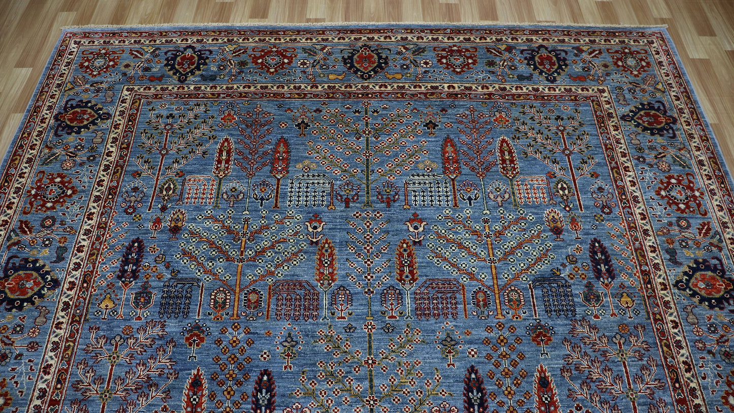 8x10 Ft Tree Tribal Area Rug, Blue Floral Afghan Hand Knotted Wool Traditional Carpet, Rugs For Living Room, Bedroom Rug, Dining Table Rug