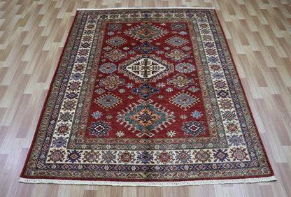 5x7 ft Traditional Kazak Area Rug, Red Afghan Hand Knotted Wool Carpet, Rugs For Living Room, Bedroom Rug, Dining Table Rug, Kitchen Rug