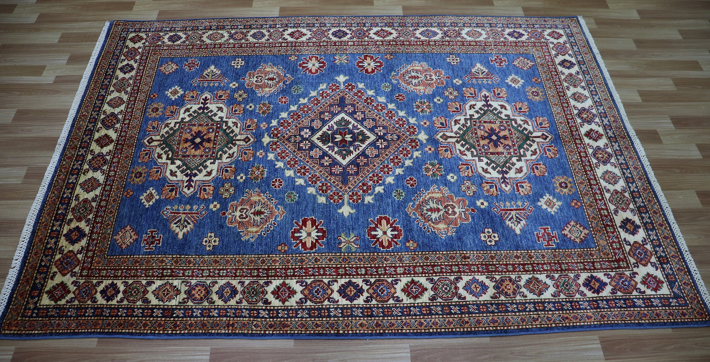 5x7 ft Geometric Area Rug, Blue Afghan Hand Knotted Wool Traditional Carpet, Rug For Living Room, Bedroom Rug, Dining Table Rug, Kitchen Rug