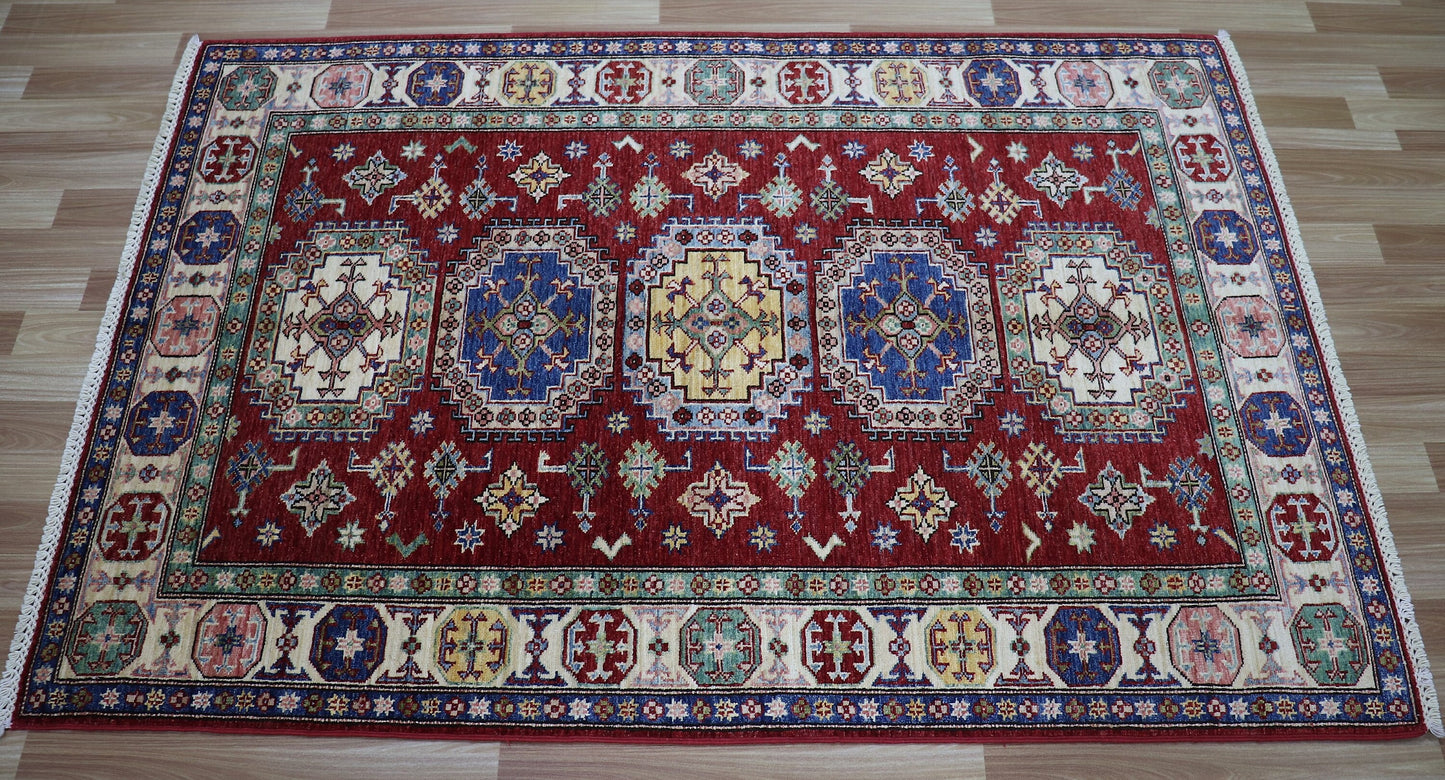 4x6 Ft Oriental Area Rug, Red Afghan Hand Knotted Wool Traditional Carpet, Rugs For Living Room, Bedroom Rug, Kitchen Rug, Geometric Rug