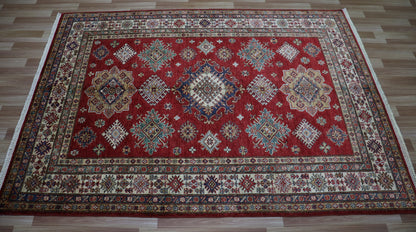 5x7 ft Red Kazak Area Rug, Afghan Hand Knotted Wool Traditional Carpet, Rugs For Living Room, Bedroom Rug, Dining Table Rug, Kitchen Rug